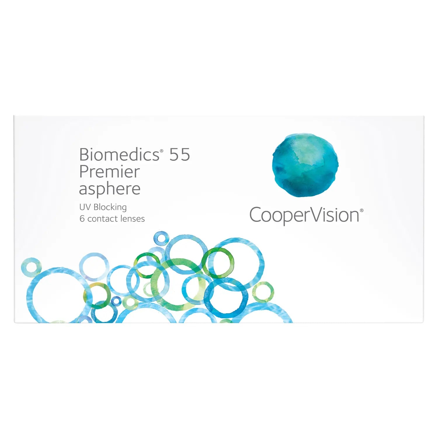 CooperVision Biomedics 55 contact lenses packaging with blue and green design elements.