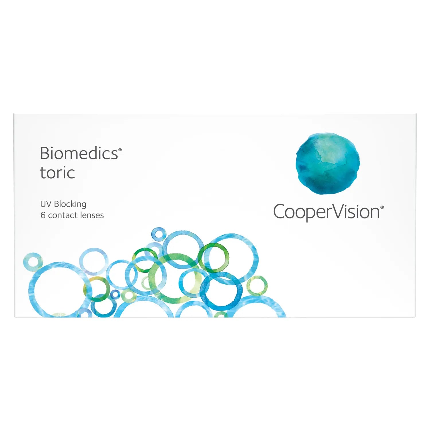 CooperVision Biomedics toric contact lenses packaging with blue and green design elements.