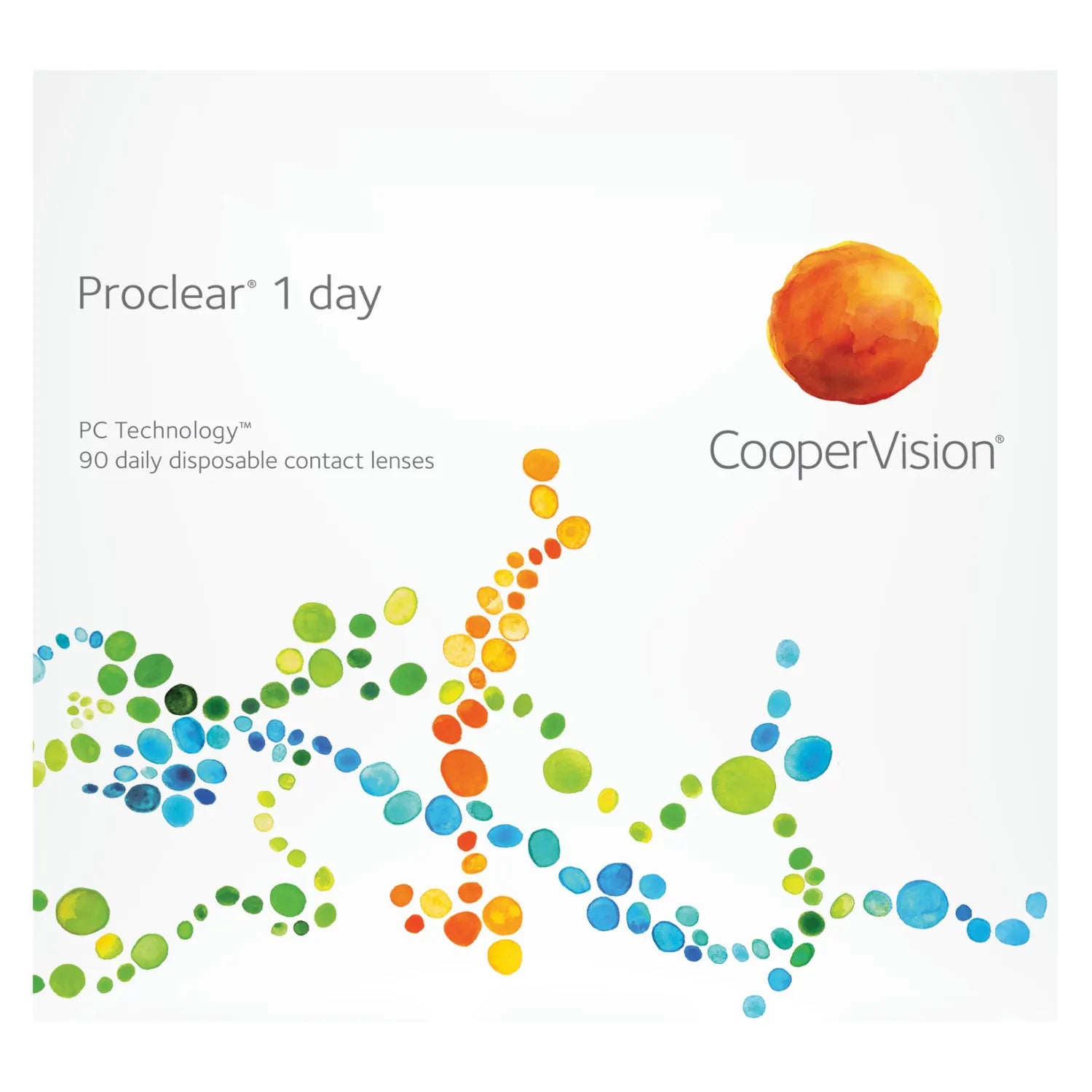 CooperVision Proclear 1 day contact lenses packaging with colorful dot design on a white background.