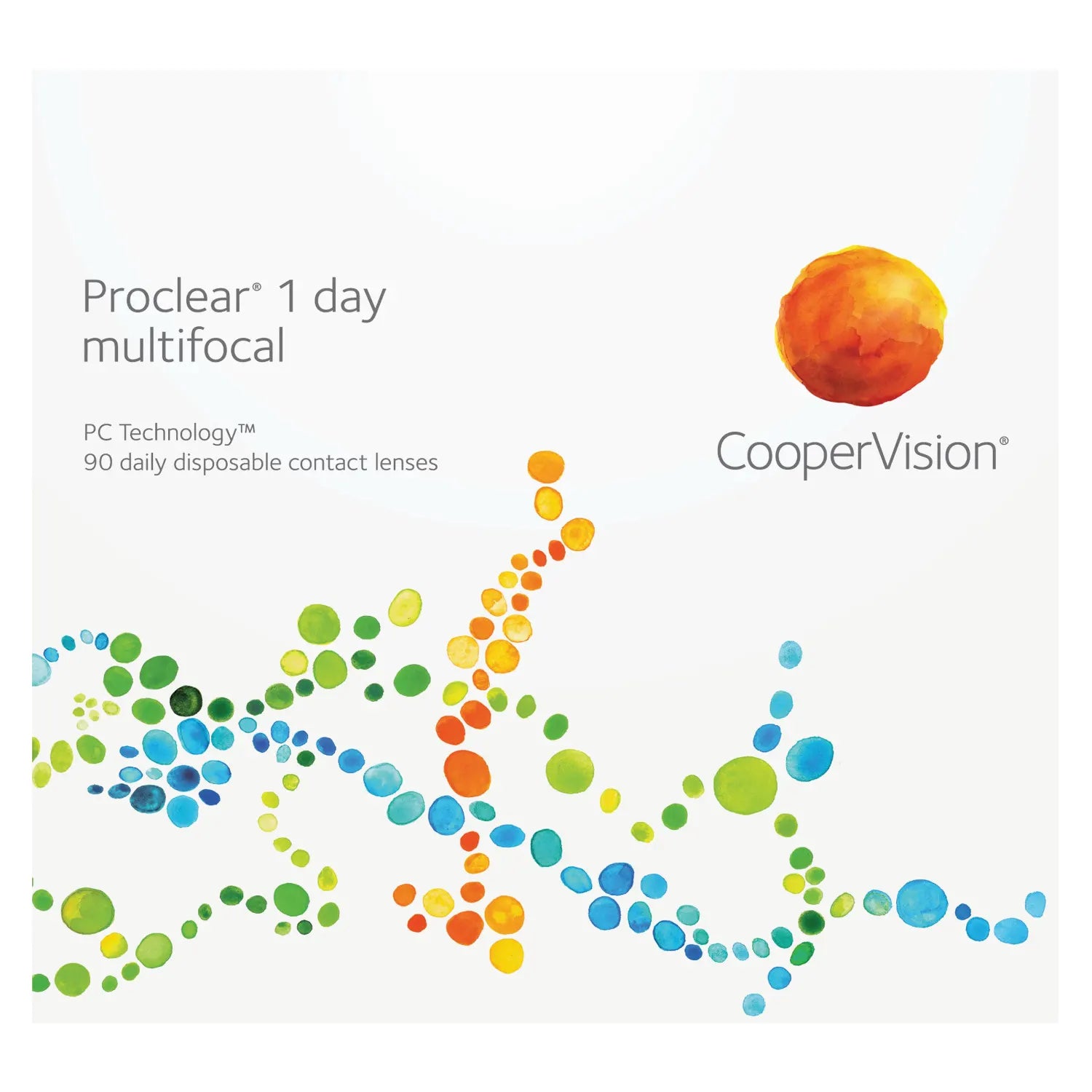 CooperVision Proclear 1 day multifocal contact lenses packaging with colorful design on a white background.