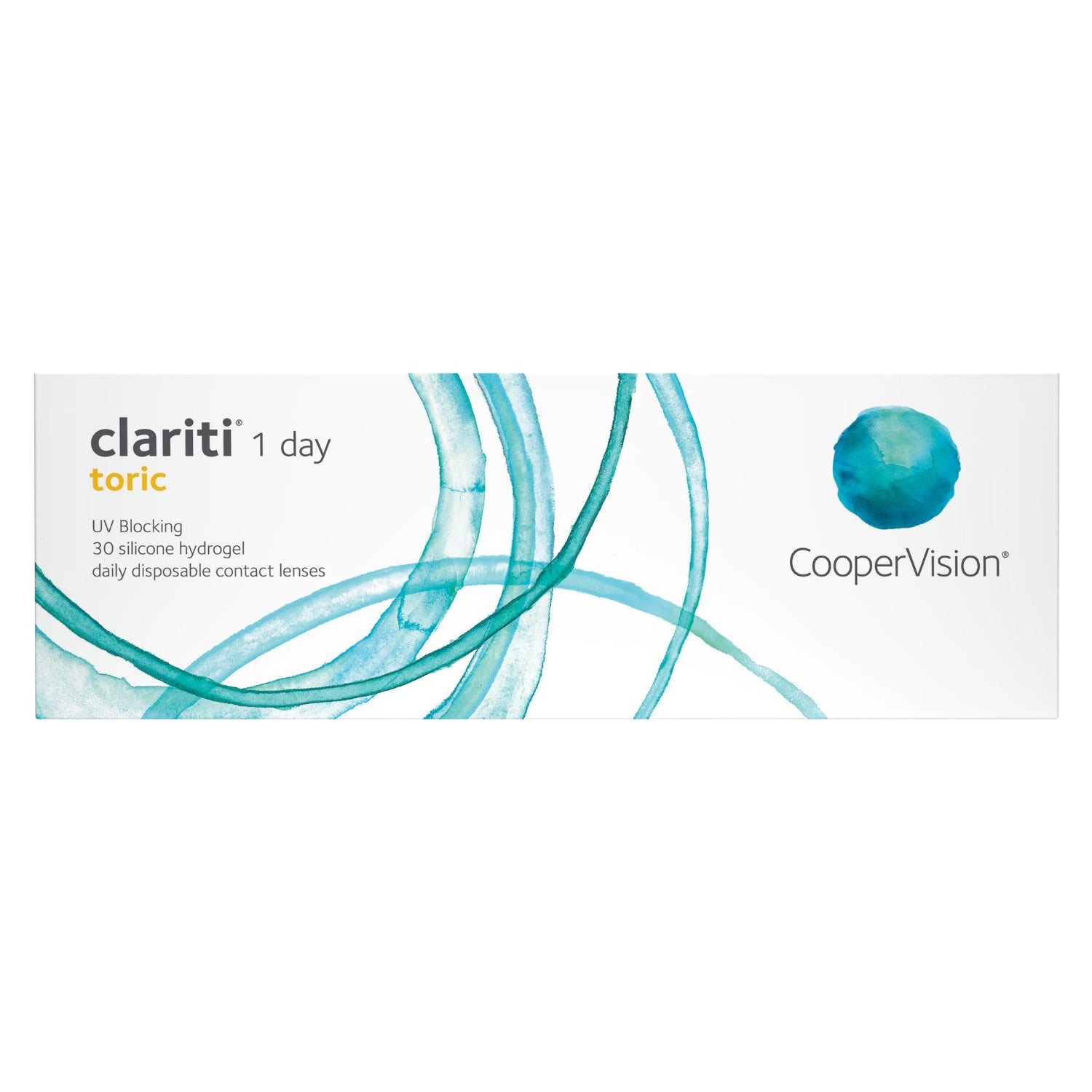 30 pack Coopervision Clariti 1 day toric contact lens box on white background