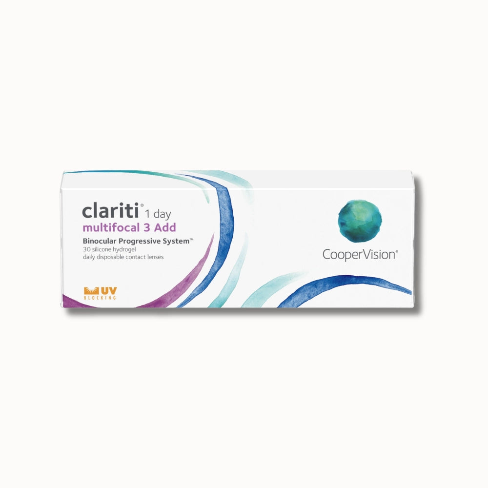30 pack CooperVision Clariti 1 day multifocal 3 Add box on white background