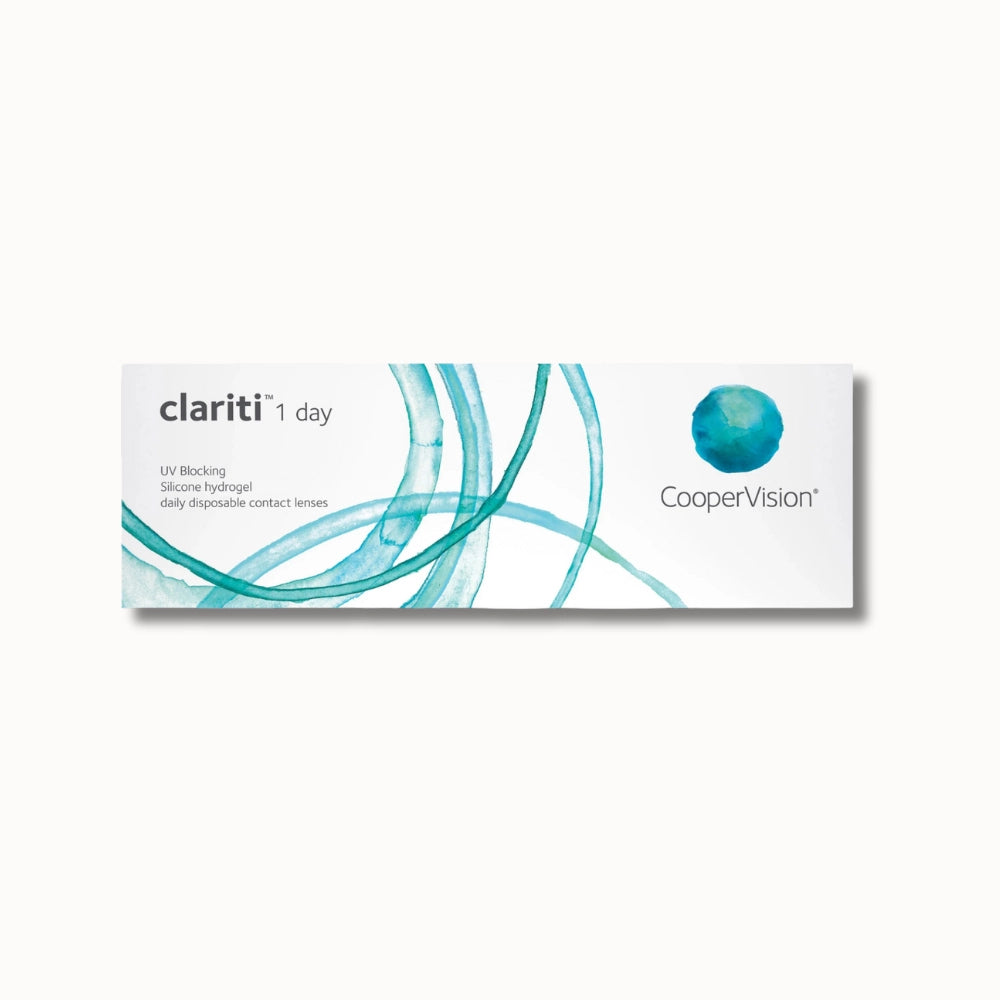 30 pack Coopervision Clariti 1 day box of contact lenses on white background