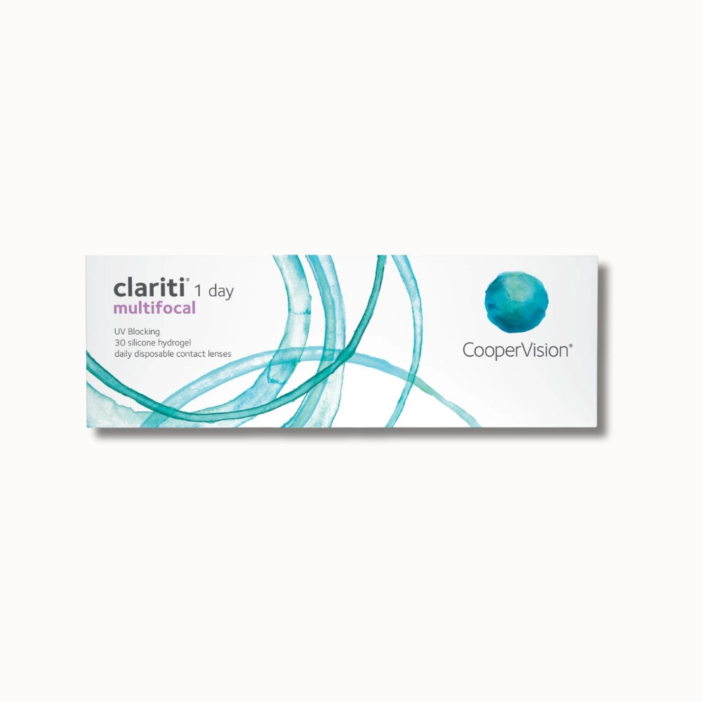 30 pack CooperVision Clariti 1 day multifocal box on white background