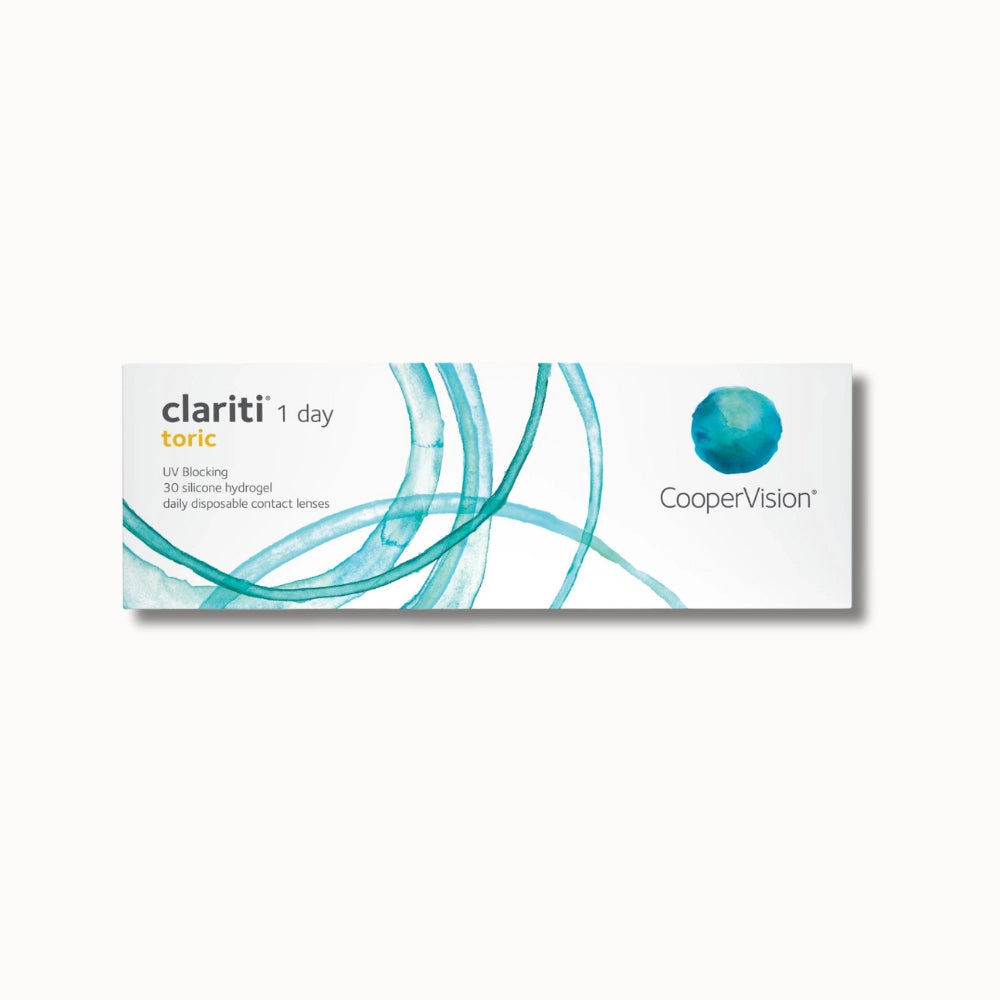 30 pack Coopervision Clariti 1 day toric contact lens box on white background