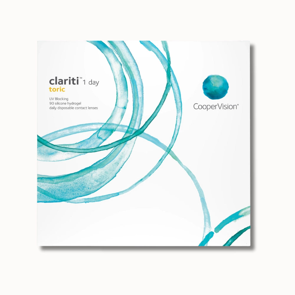 Coopervision Clariti 1 day toric contact lens box on white background