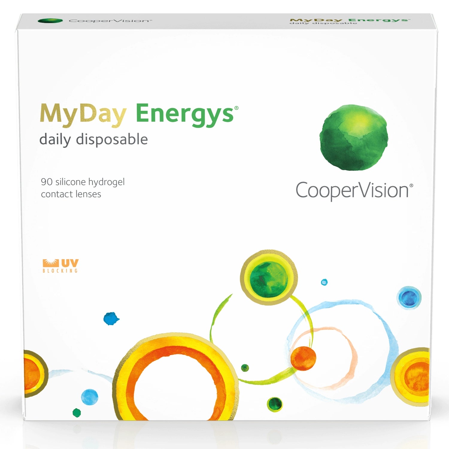 Box of MyDay Energys daily disposable contact lenses by CooperVision with colorful design elements.