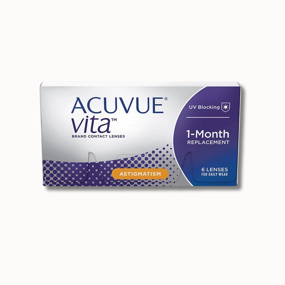 Acuvue Vita for astigmatism contact lenses packaging on a white background