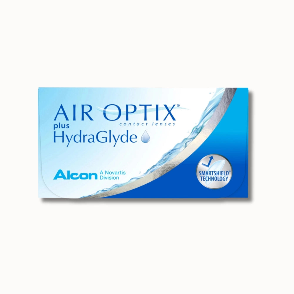 Air Optix plus HydraGlyde contact lenses packaging on a white background