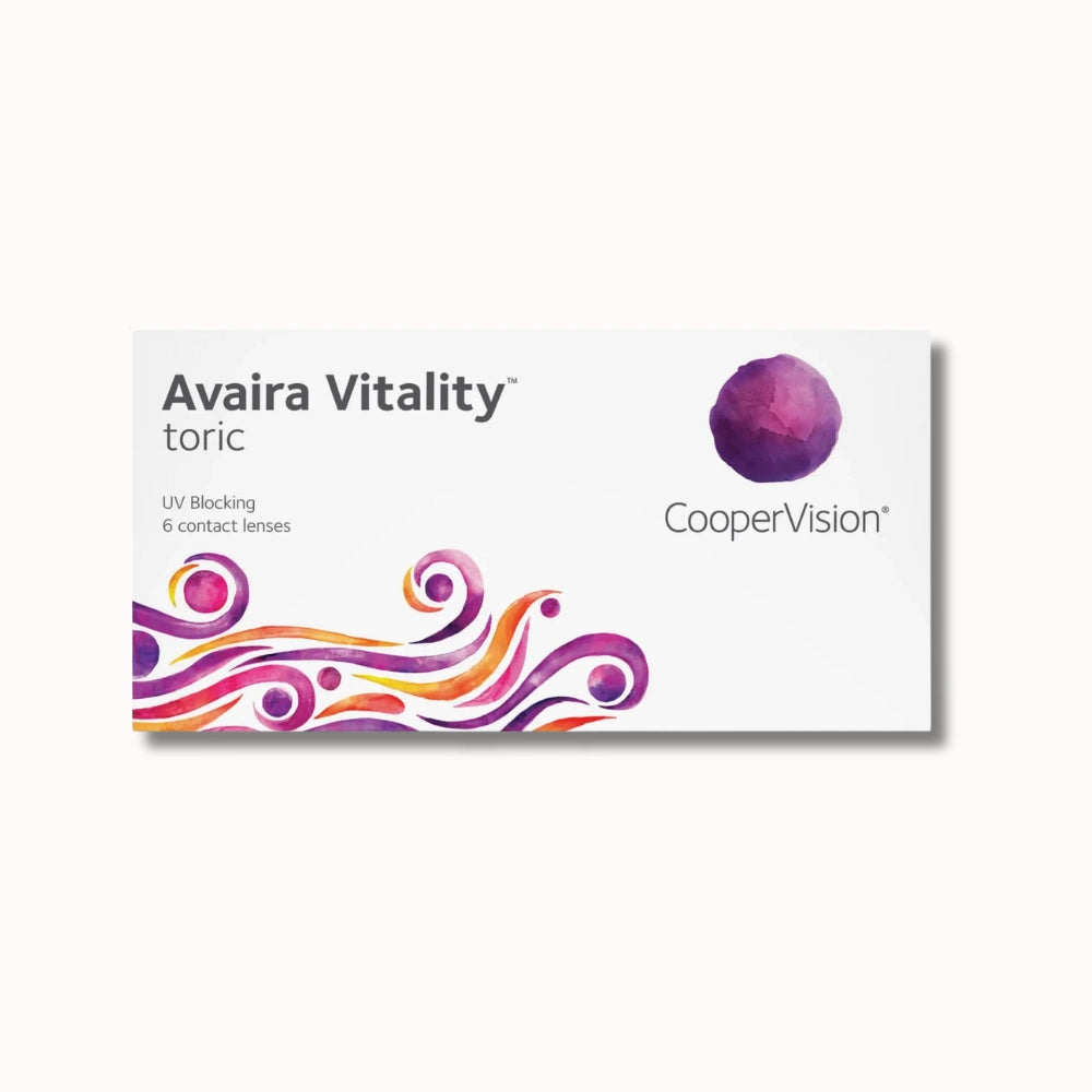 Avaira Vitality toric contact lenses box with CooperVision logo on a white background