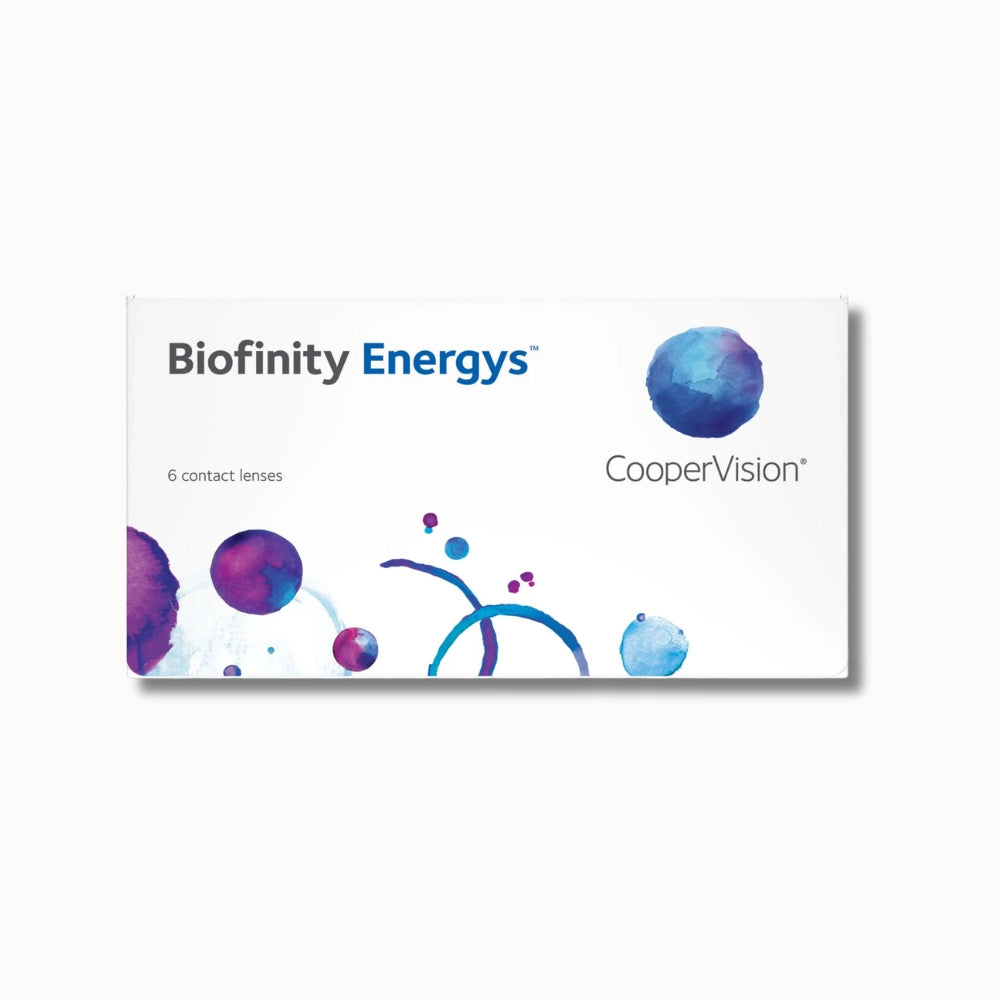 Biofinity Energys contact lenses packaging with CooperVision logo on a white background