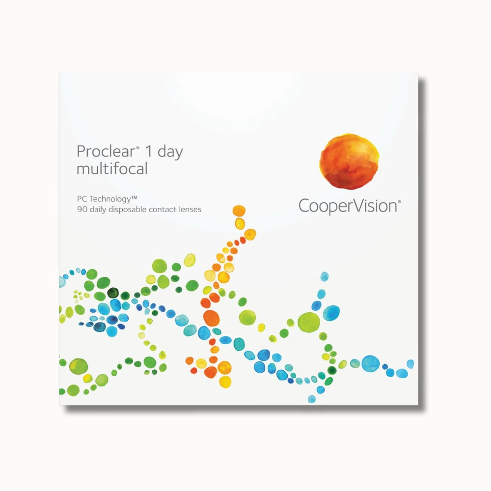 CooperVision Proclear 1 day multifocal contact lenses packaging on a white background