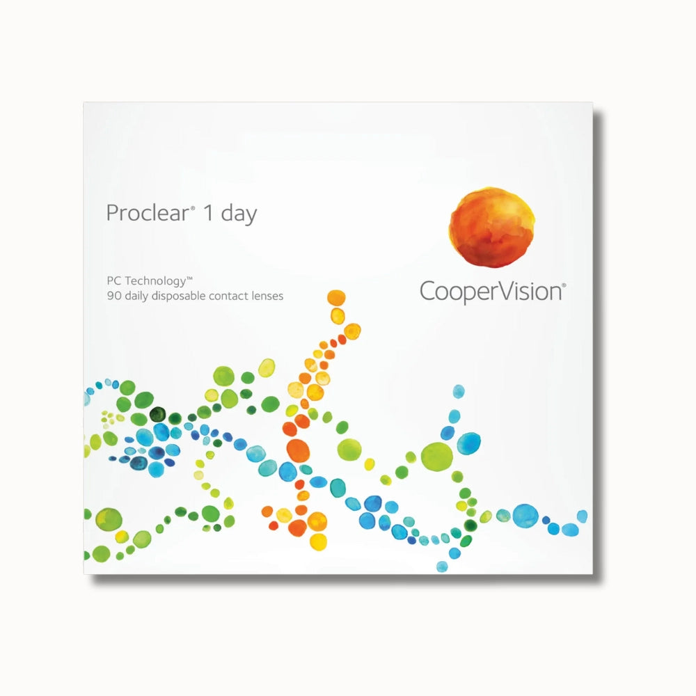 CooperVision Proclear 1 day contact lenses packaging with colorful design on a white background