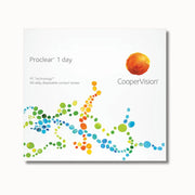 CooperVision Proclear 1 day contact lenses packaging with colorful design on a white background