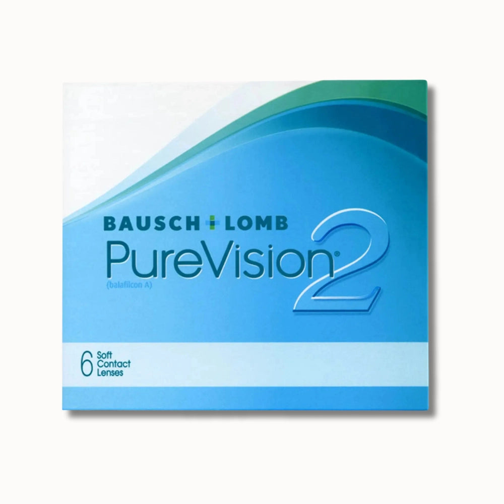 Bausch & Lomb PureVision 2 contact lenses packaging on a tan background