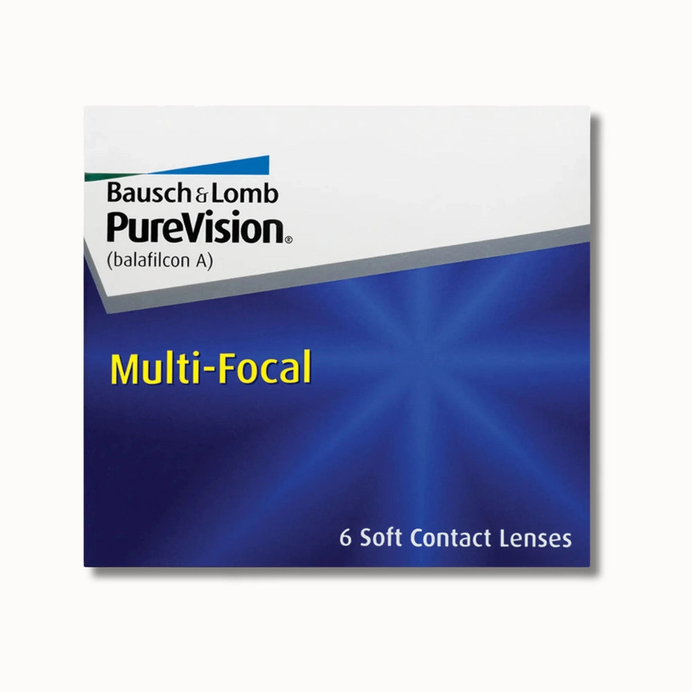 Bausch & Lomb PureVision Multi-Focal contact lenses packaging on a tan background