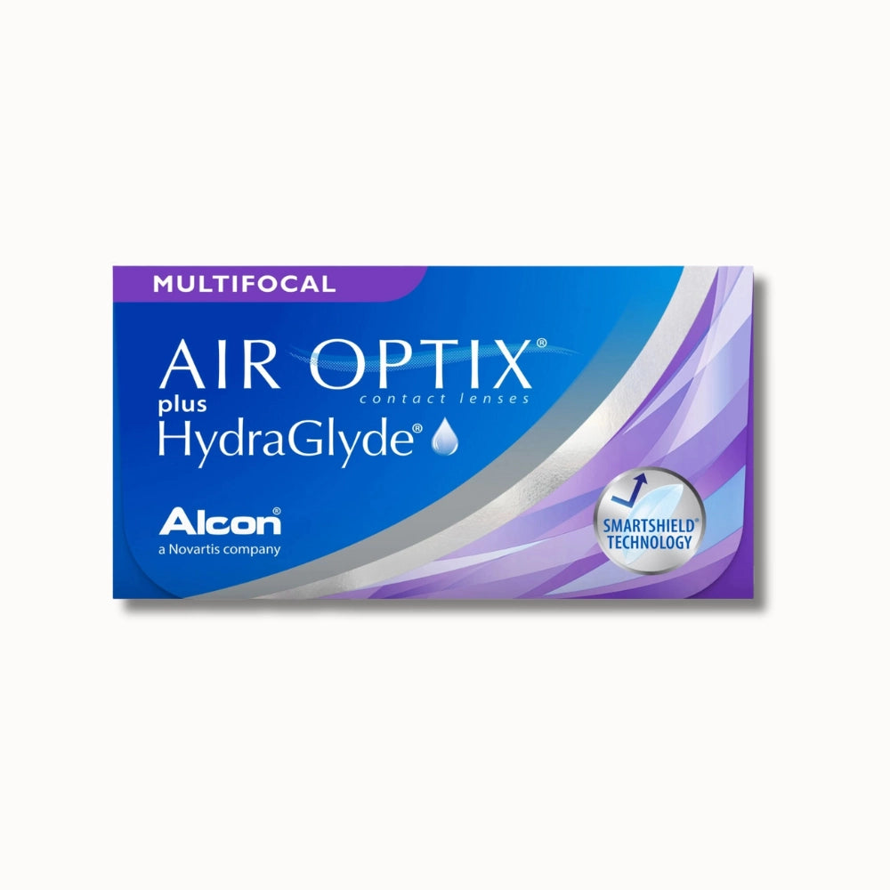 Box of Air Optix multifocal plus HydraGlyde contact lenses on a white background