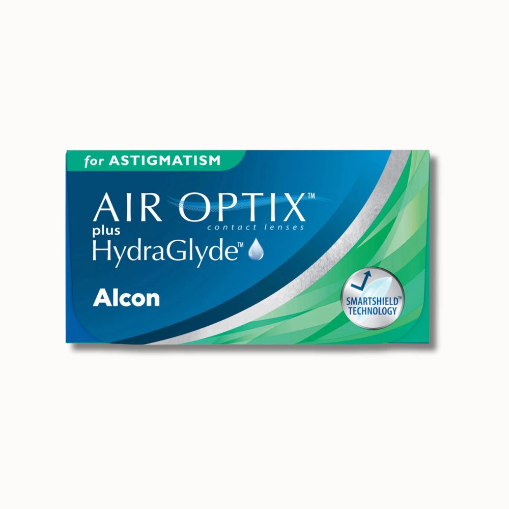 Box of Air Optix plus HydraGlyde contact lenses for astigmatism on a white background