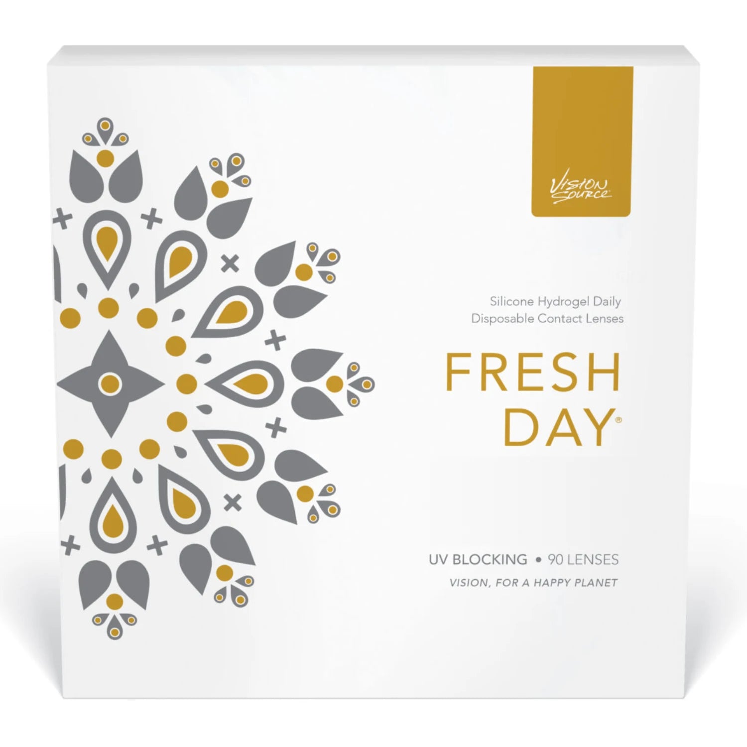 Box of Fresh Day silicone hydrogel daily disposable contact lenses with decorative patterns on a white background.