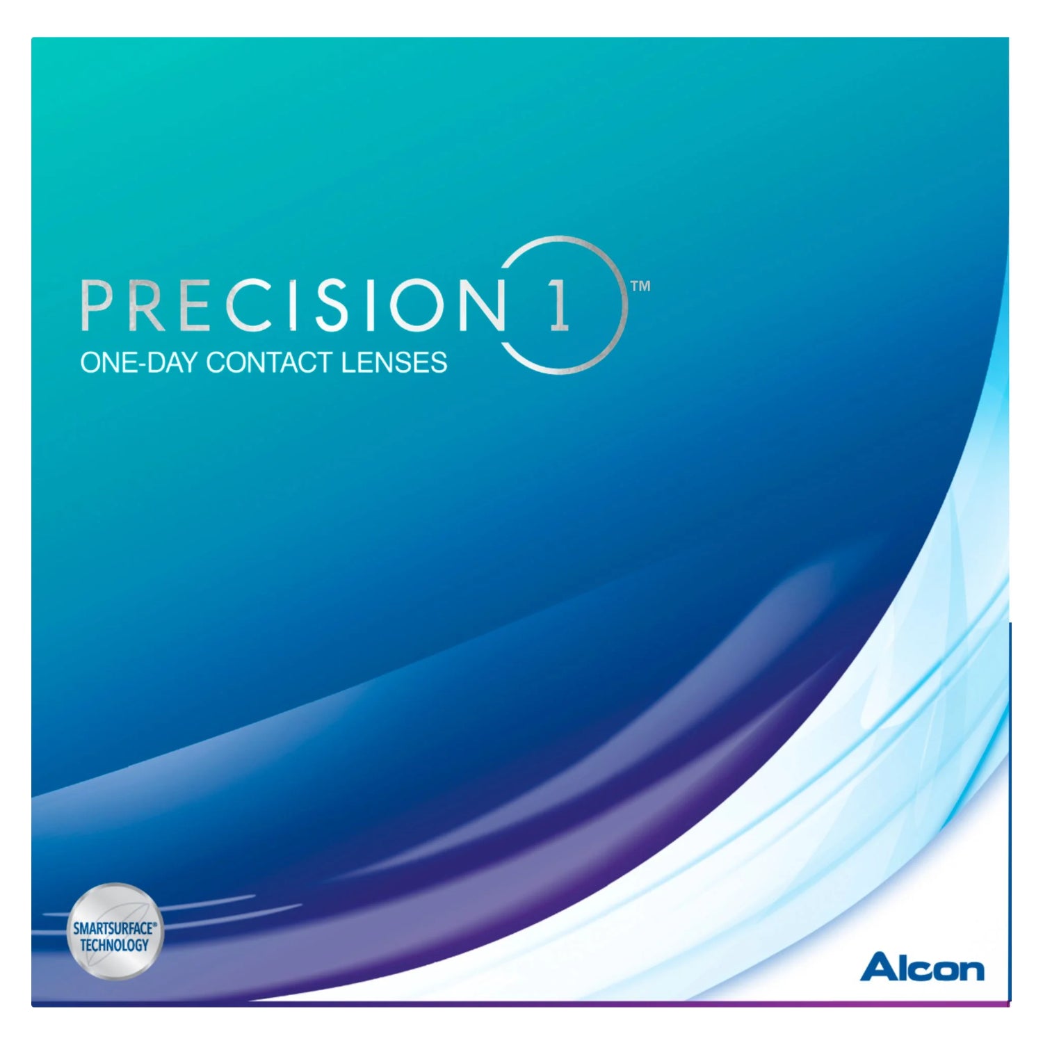 Box of Precision 1 one-day contact lenses with Alcon branding on a blue gradient background