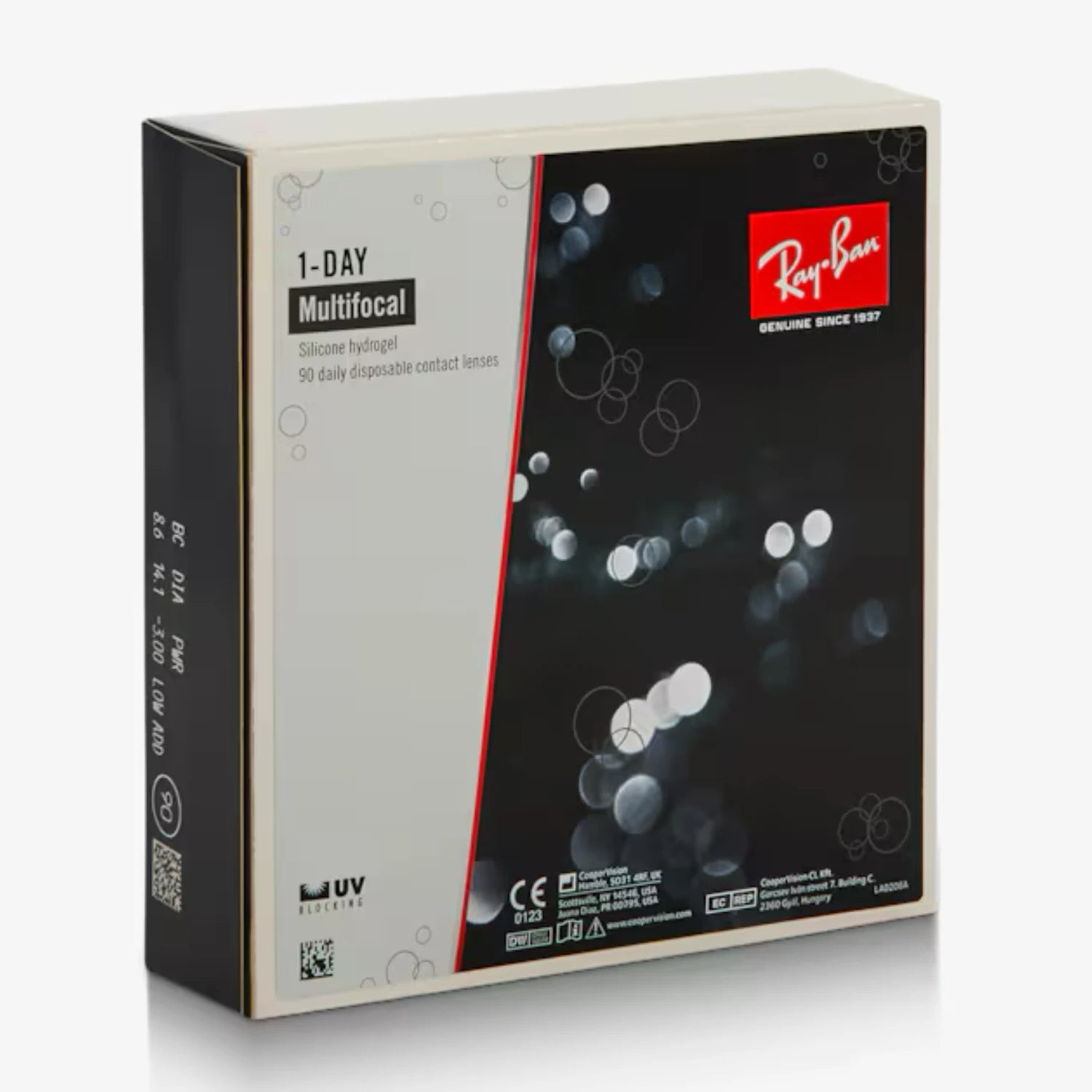 Ray-Ban contact lens box with black and white design on a white background