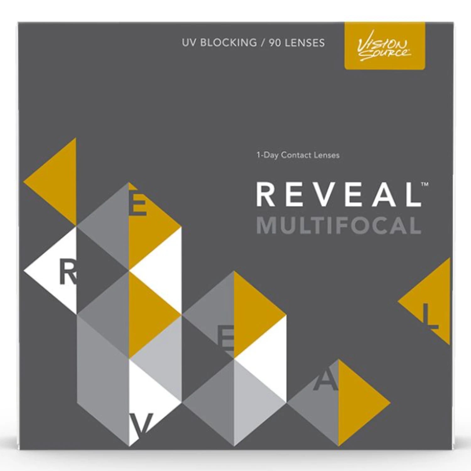 Box of Reveal Multifocal contact lenses with geometric design on a gray background