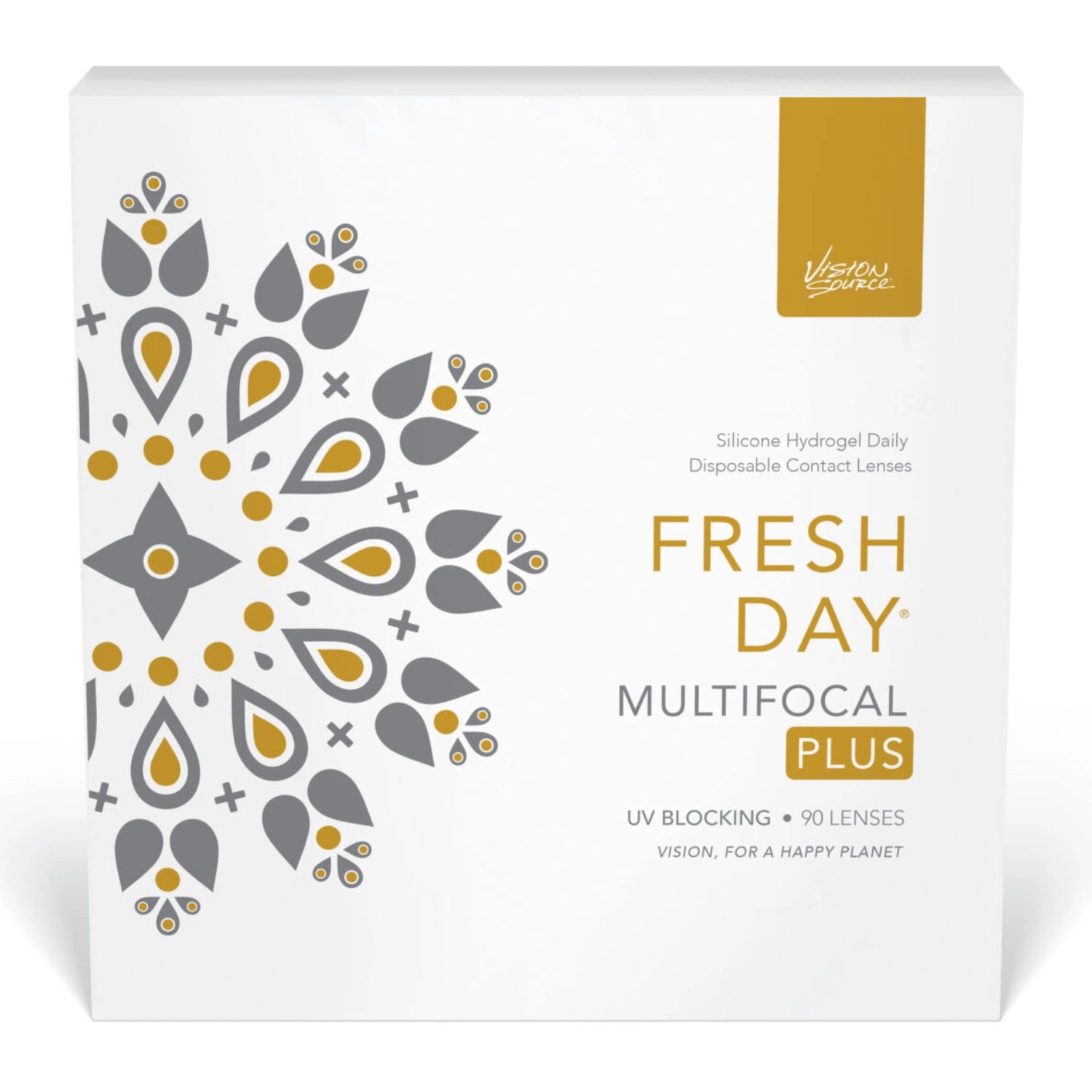 Box of Fresh Day Multifocal Plus contact lenses with decorative patterns on a white background