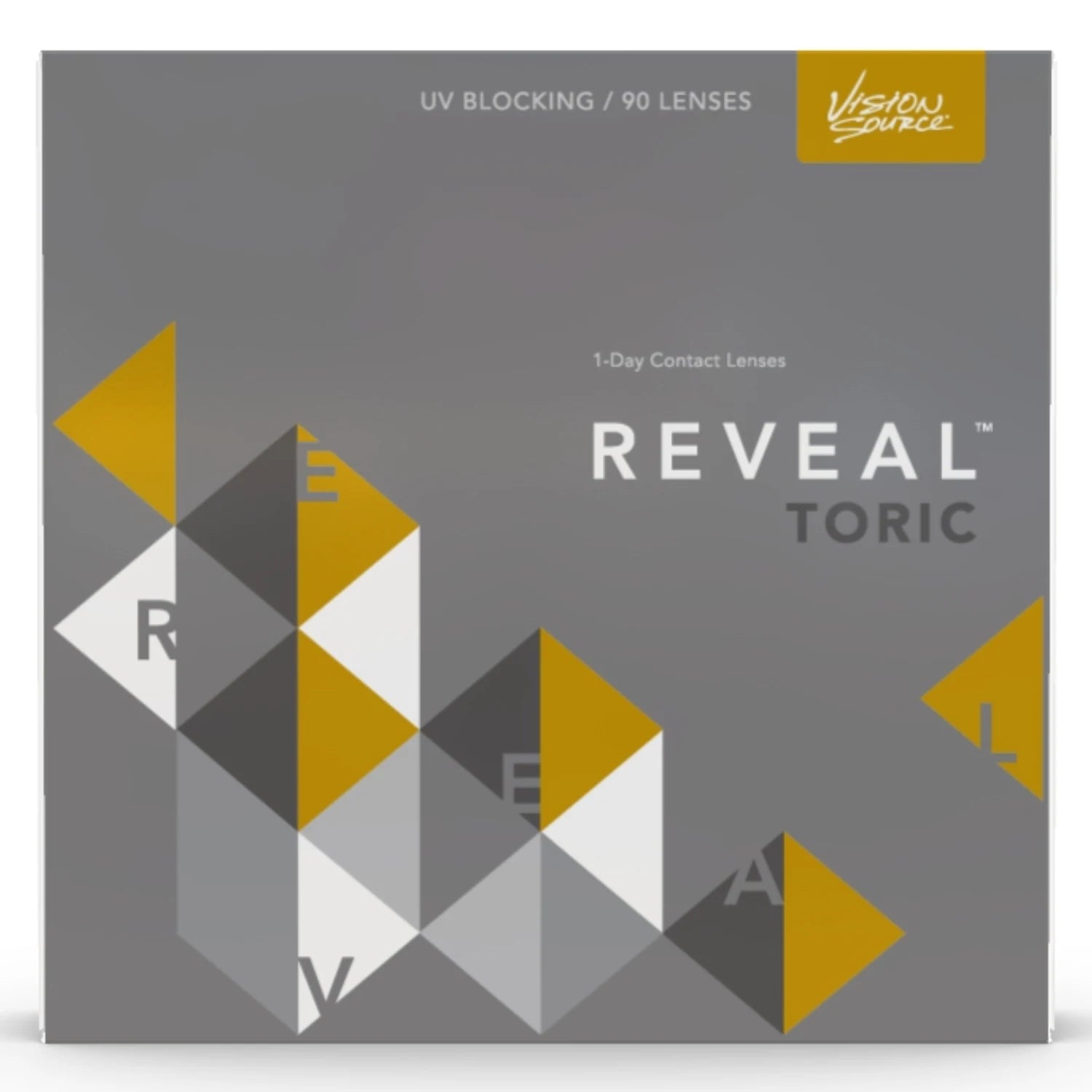 Box of Reveal Toric contact lenses with geometric design on a gray background