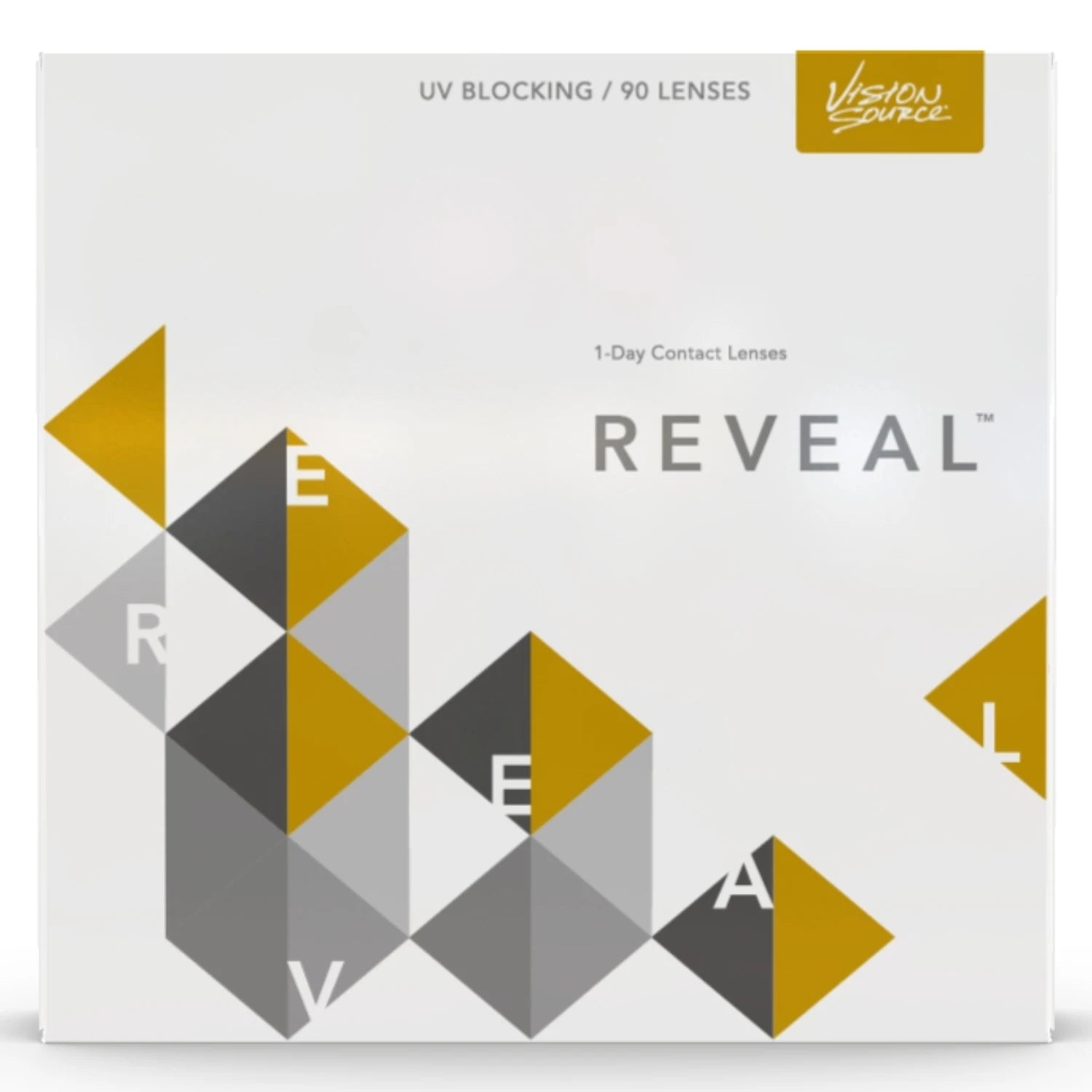 Box of Reveal contact lenses with geometric design on a white background